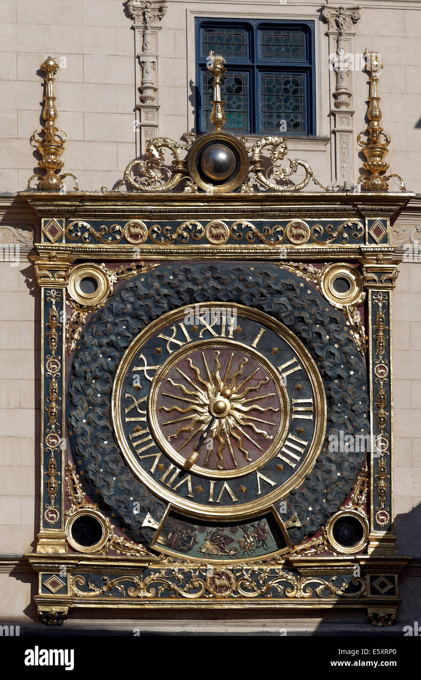 Big clock tower or Gros Horloge astronomical clock, Rouen, Seine-Maritime, Upper Normandy, France Stock Photo