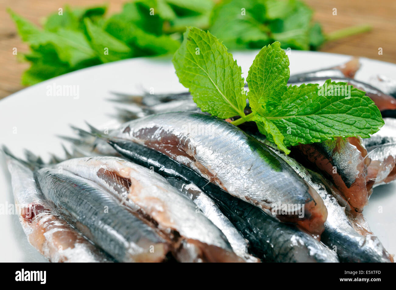 a plate with some raw spanish boquerones, anchovies typical in Spain
