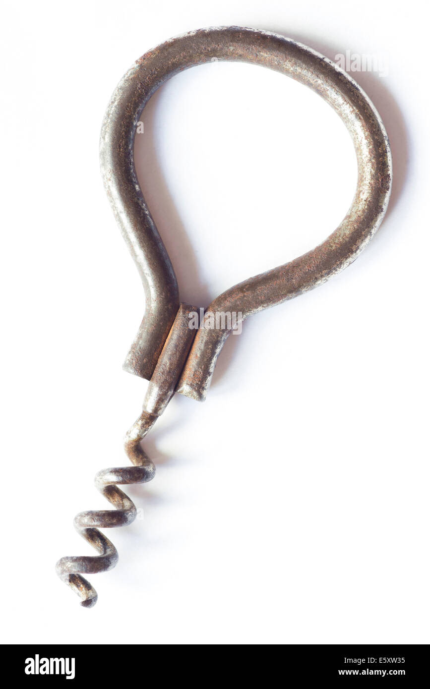 vintage rusty corkscrew on white background Stock Photo
