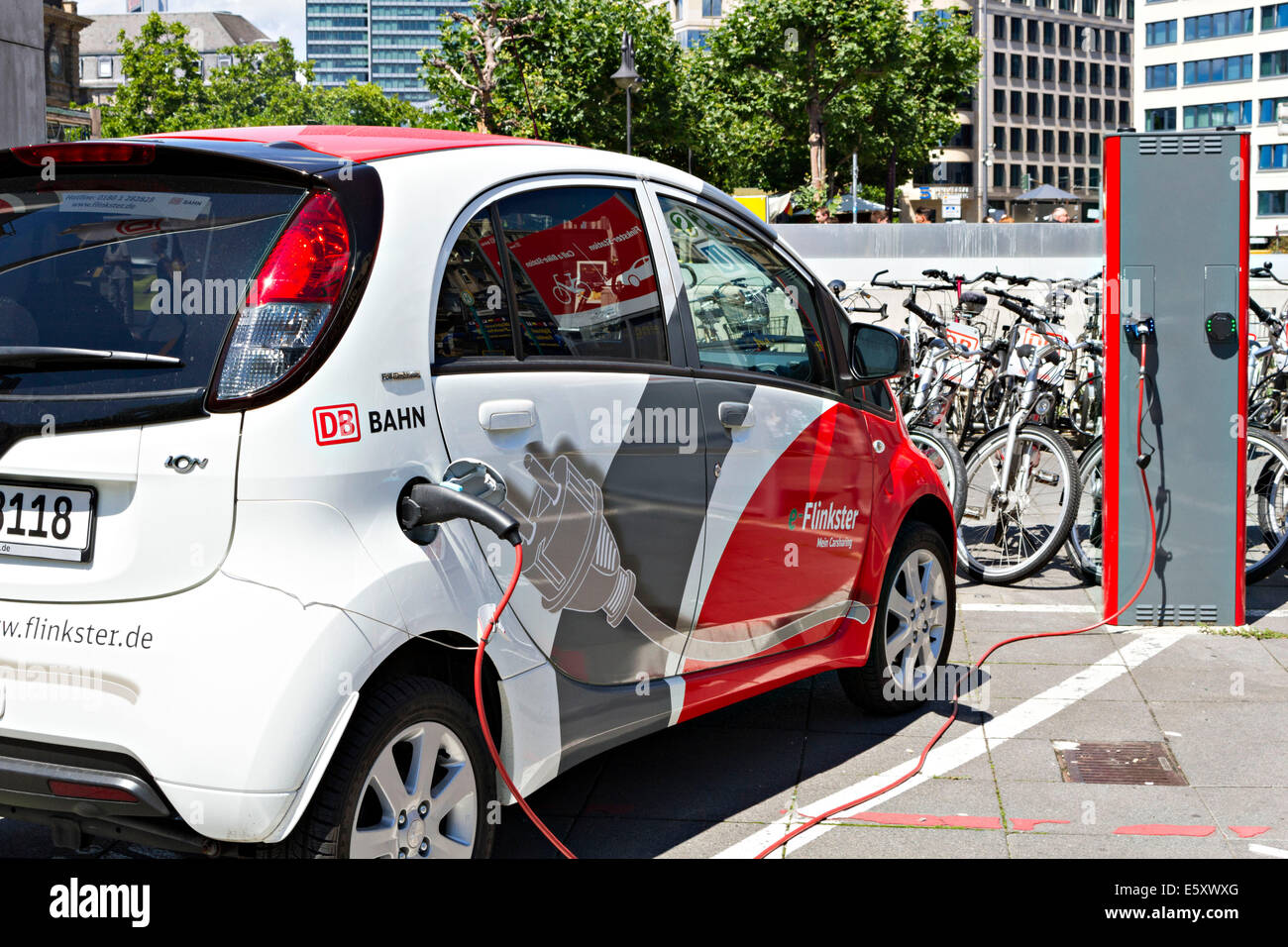 Flinkster DB car sharing electric vehicle being charged, Frankfurt am Main, Hesse, Germany, Europe. July 2014 Stock Photo