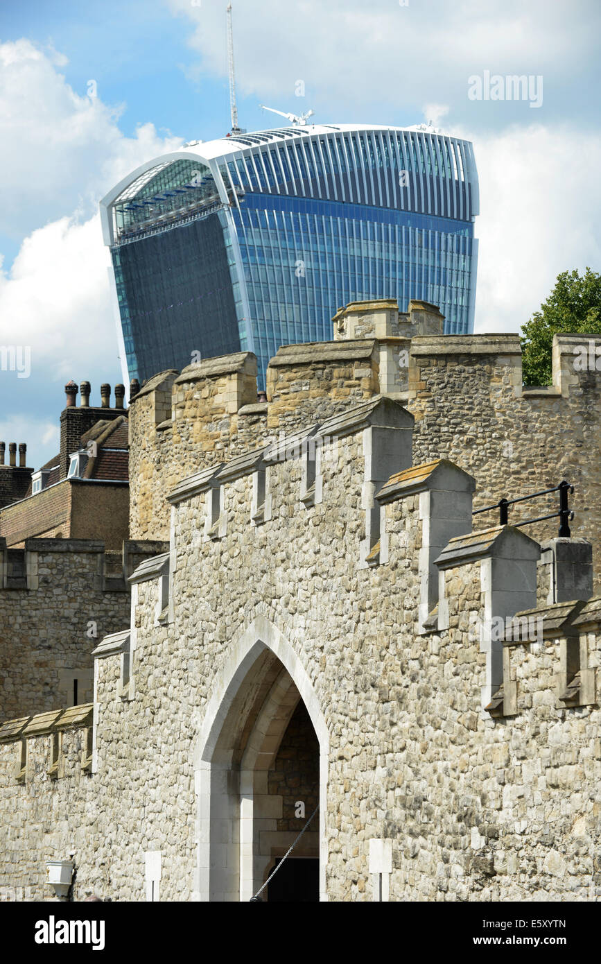London old and new. The new fragile glass Walky Talky building against the solid bulk of the Tower of London Stock Photo