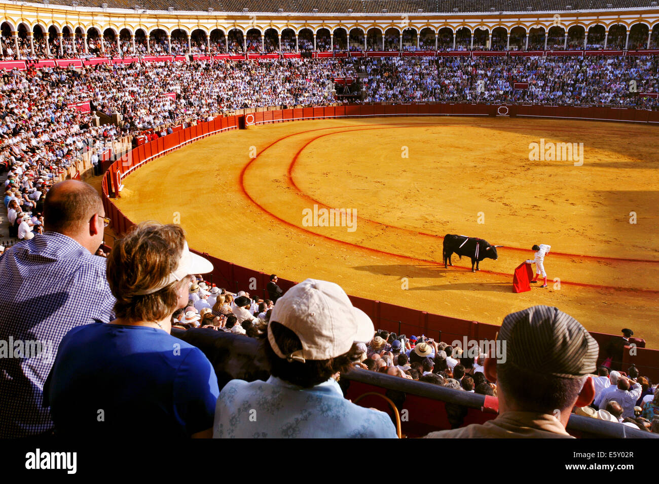 Bullfight during Feria de Abril Seville Fair, Plaza de toros de la Real Maestranza de Caballería de Sevilla Bullring, Seville, Spain Stock Photo