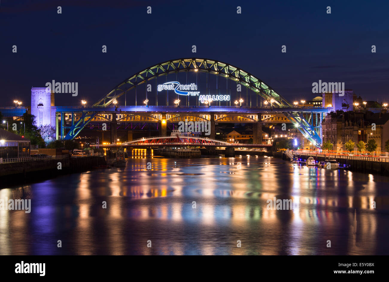 Tyne Bridge with Great North Run Million sings displayed Stock Photo