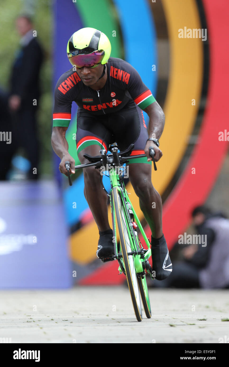 John Muya of Kenya in the Cycling Time Trial at the 2014 Commonwealth games in Glasgow. Stock Photo