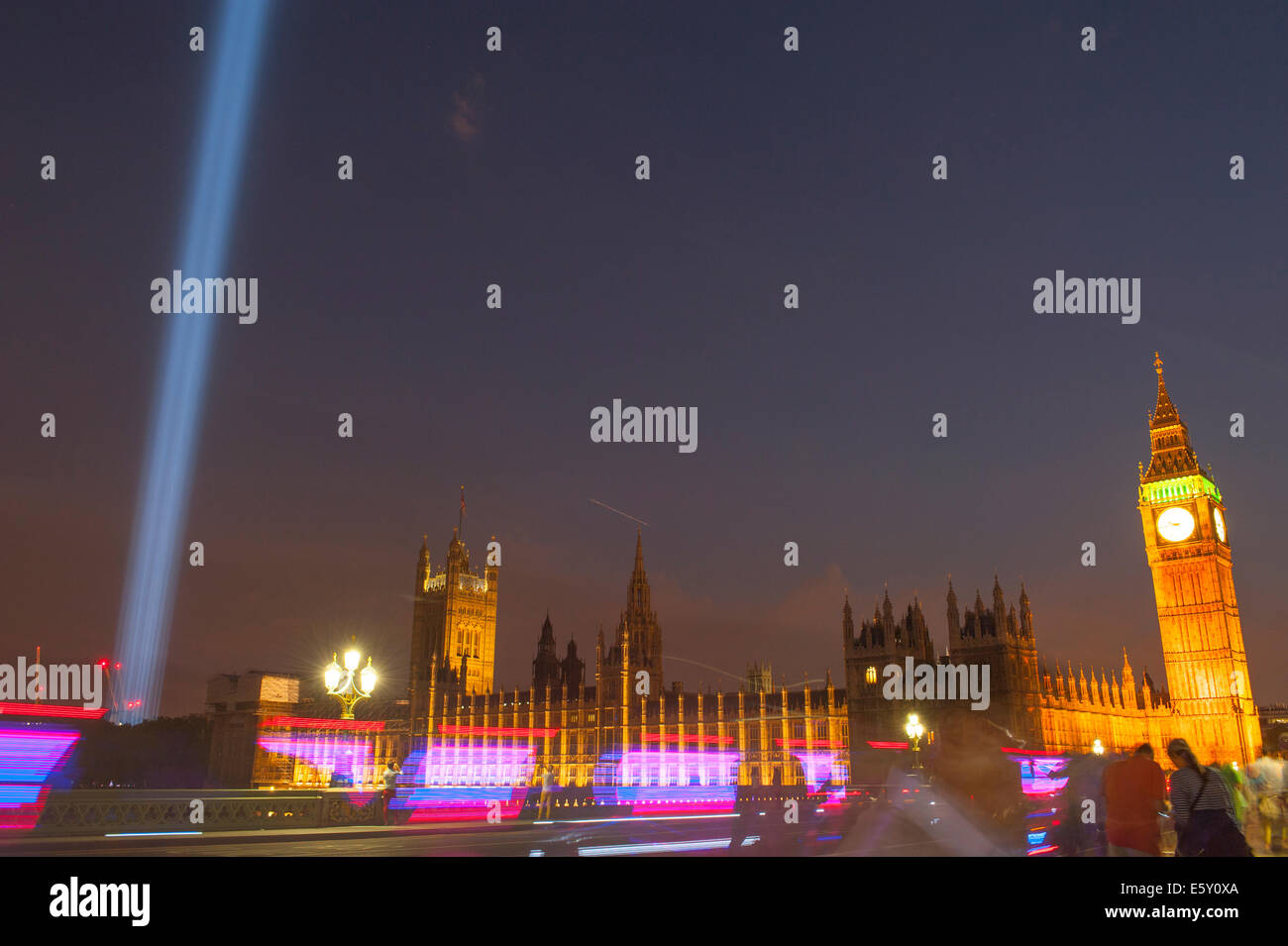 Spectra, an installation of 49 spotlights, shoots a shaft of vertical light 15 kilometres into the sky above London. Stock Photo