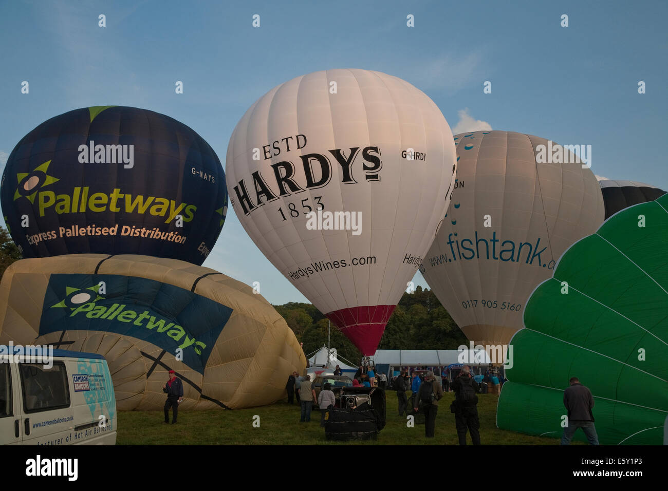 Bristol, UK. 8th August, 2014. Balloon inflation at the early morning launch during the Bristol International Balloon Fiesta Credit: Keith Larby/Alamy Live News Stock Photo