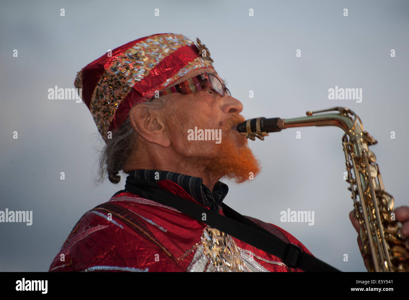 New York, USA. 7th August, 2014.  Marshall Allen, the 90-year-old director of the Sun Ra Arkestra, which played a jazz concert in a Battery Park City park next to the Hudson River on Aug. 7, 2014. This year marks the 100th birthday of Sun Ra, the Arkestra's founder. Credit:  Terese Loeb Kreuzer/Alamy Live News Stock Photo