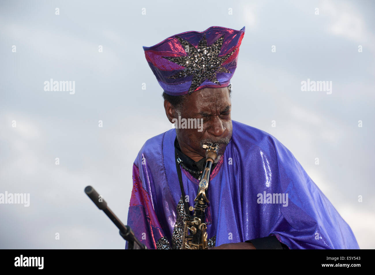 New York, USA. 7th August, 2014.  Knoel Scott, a musician with the Sun Ra Arkestra, which played a jazz concert in a Battery Park City park next to the Hudson River on Aug. 7, 2014. This year marks the 100th birthday of Sun Ra, the Arkestra's founder Credit: © Terese Loeb Kreuzer/Alamy Live News  Stock Photo