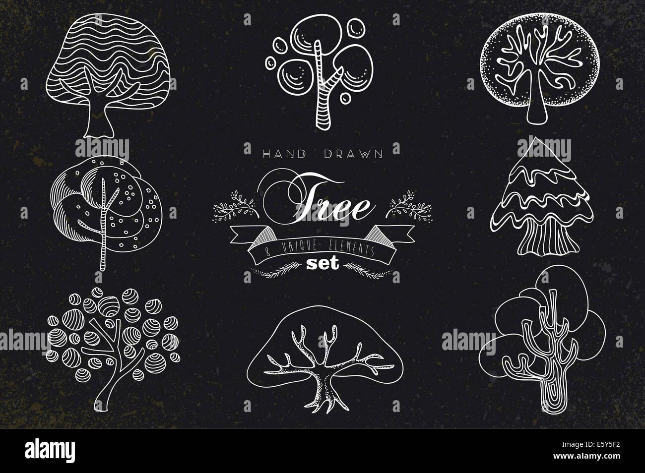 Custom hand made retro tree icons set. Vintage label and chalkboard ...