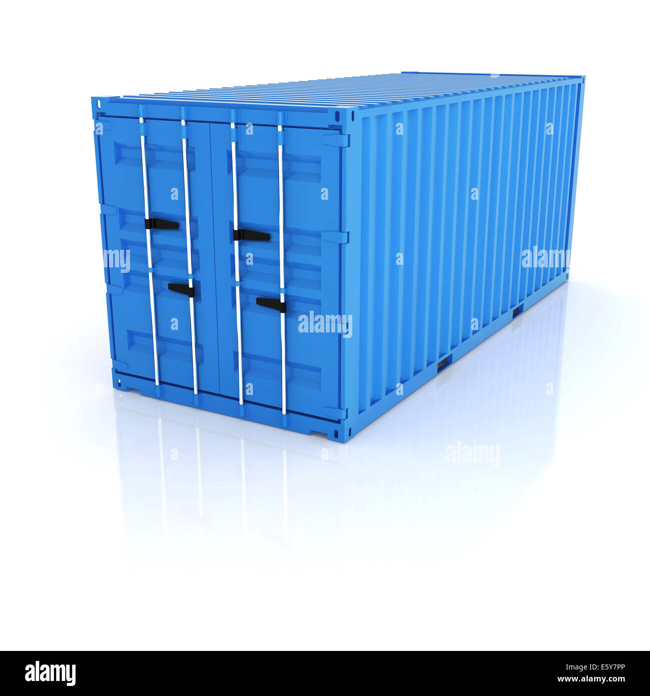 Bright blue clean metal freight and closed shipping container on white background - photorealistic 3d render Stock Photo