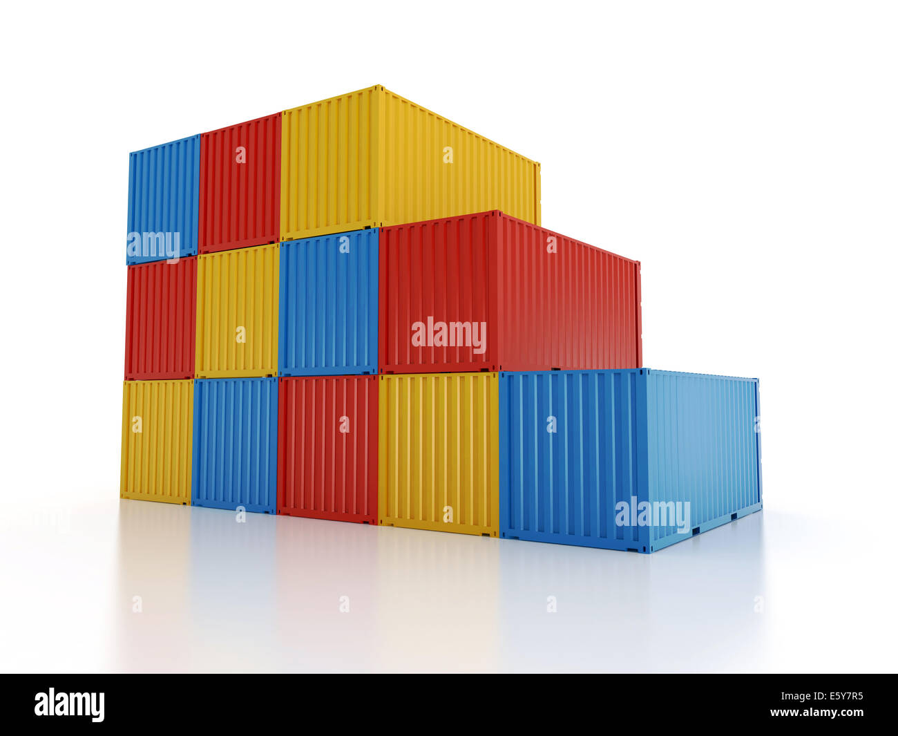 Set of red and orange metal freight shipping containers on white background - photorealistic 3d perspective render Stock Photo
