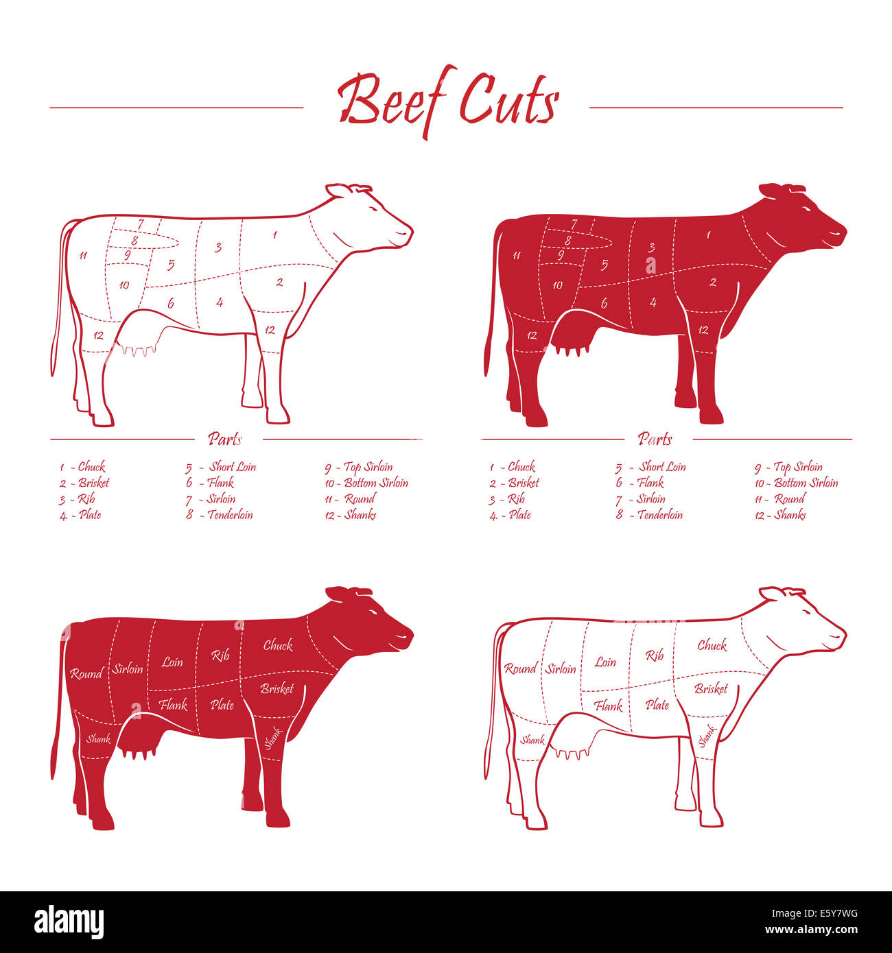 Scheme american cuts of beef - milk cow cuts elements red on white background Stock Photo