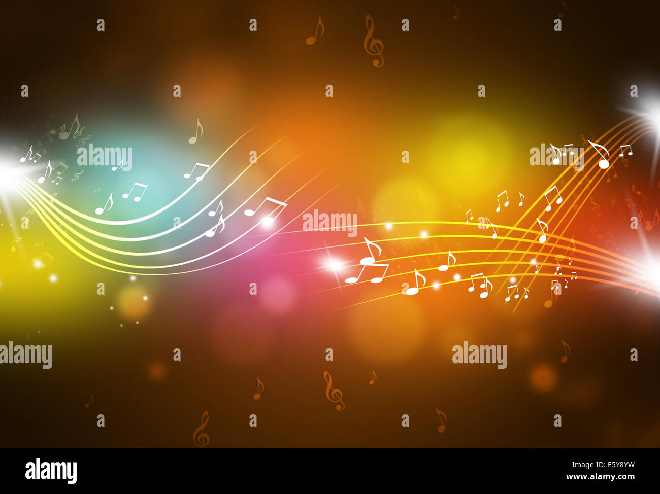 music notes and blurry lights on dark multicolor background Stock Photo