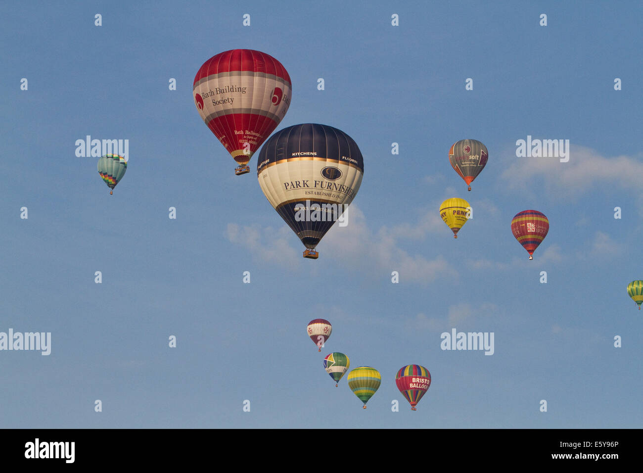 Bristol, UK. 8th August, 2014. Colourful Balloons lift off during the Bristol International Balloon Fiesta Credit: Keith Larby/Alamy Live News Stock Photo