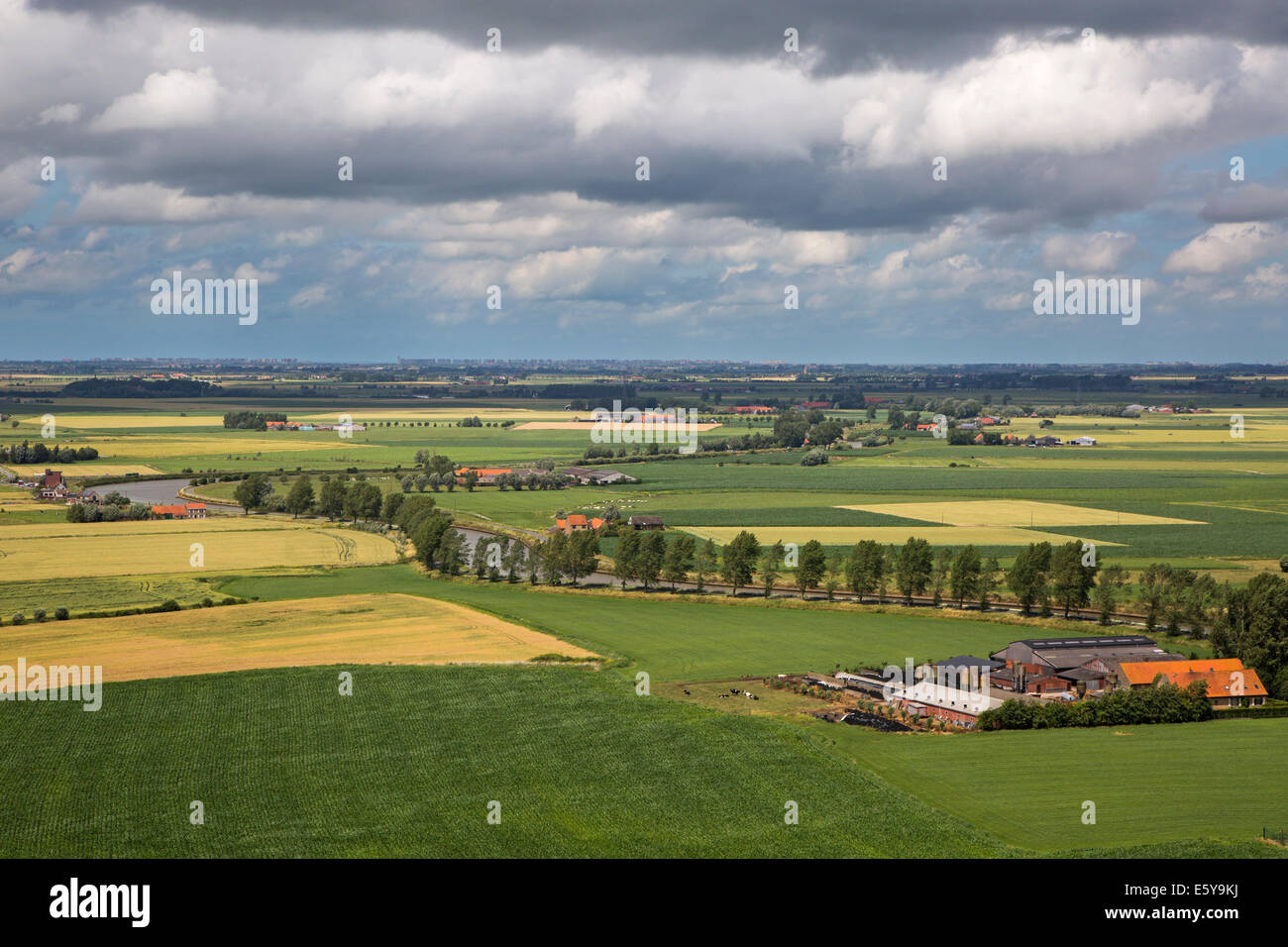 Aerial view over the polders and the river Yser / IJzer near Diksmuide / Dixmude, West Flanders, Belgium Stock Photo