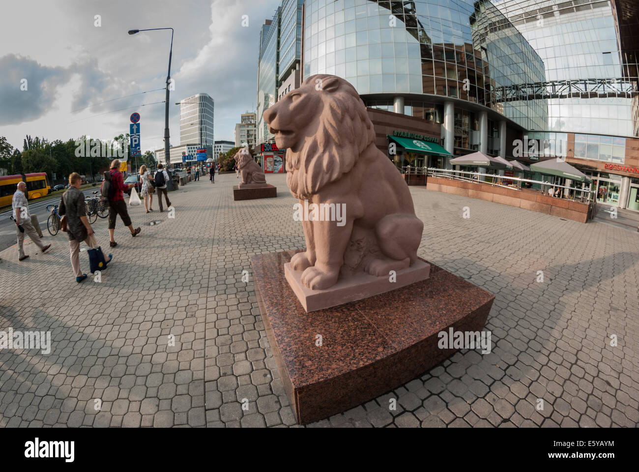 Lions of Moscow Cinema in front of Shopping and Business Centre, Warsaw, Poland Stock Photo