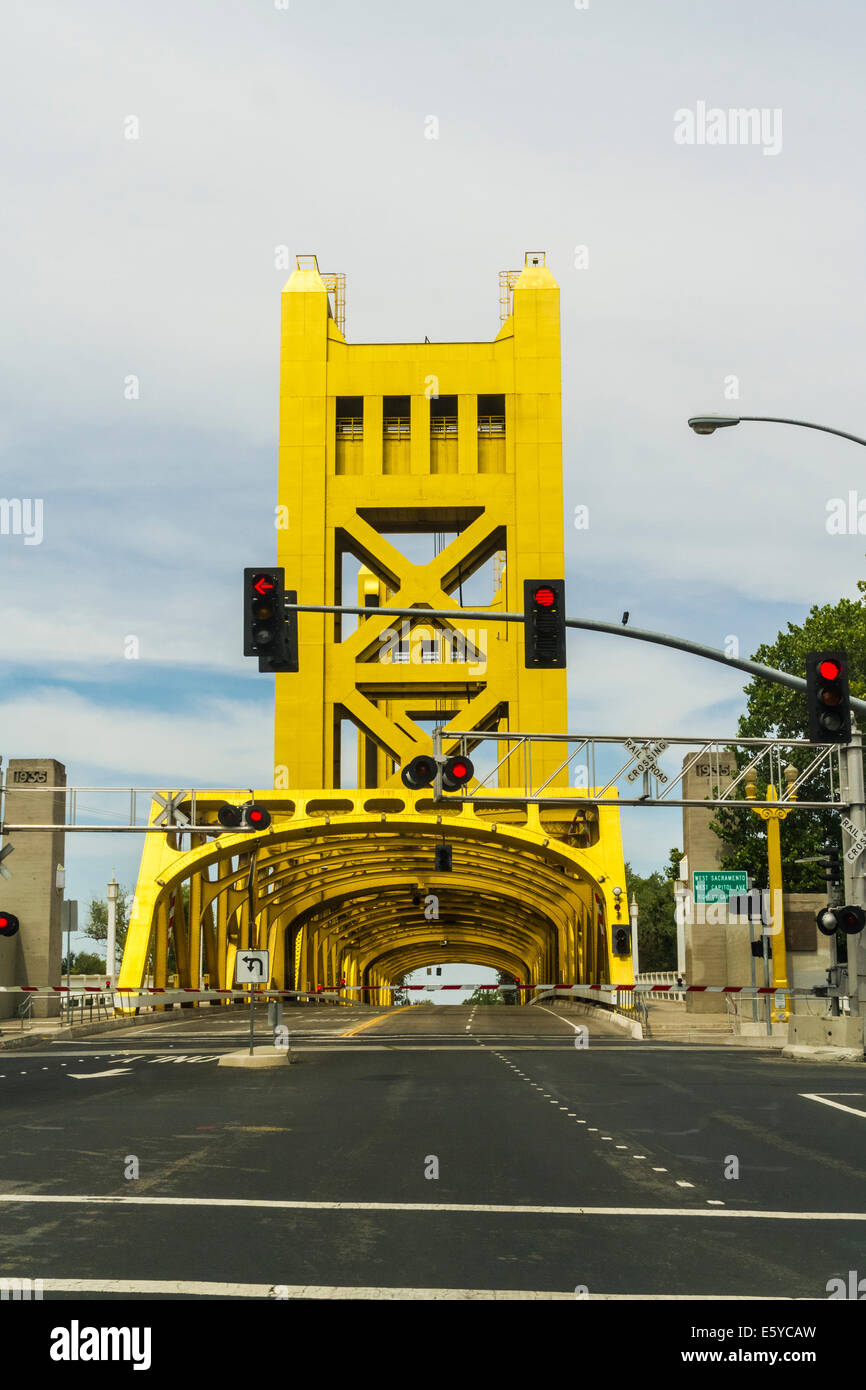 The Tower Bridge and the train from the California State Railroad Museum in Sacramento California Stock Photo