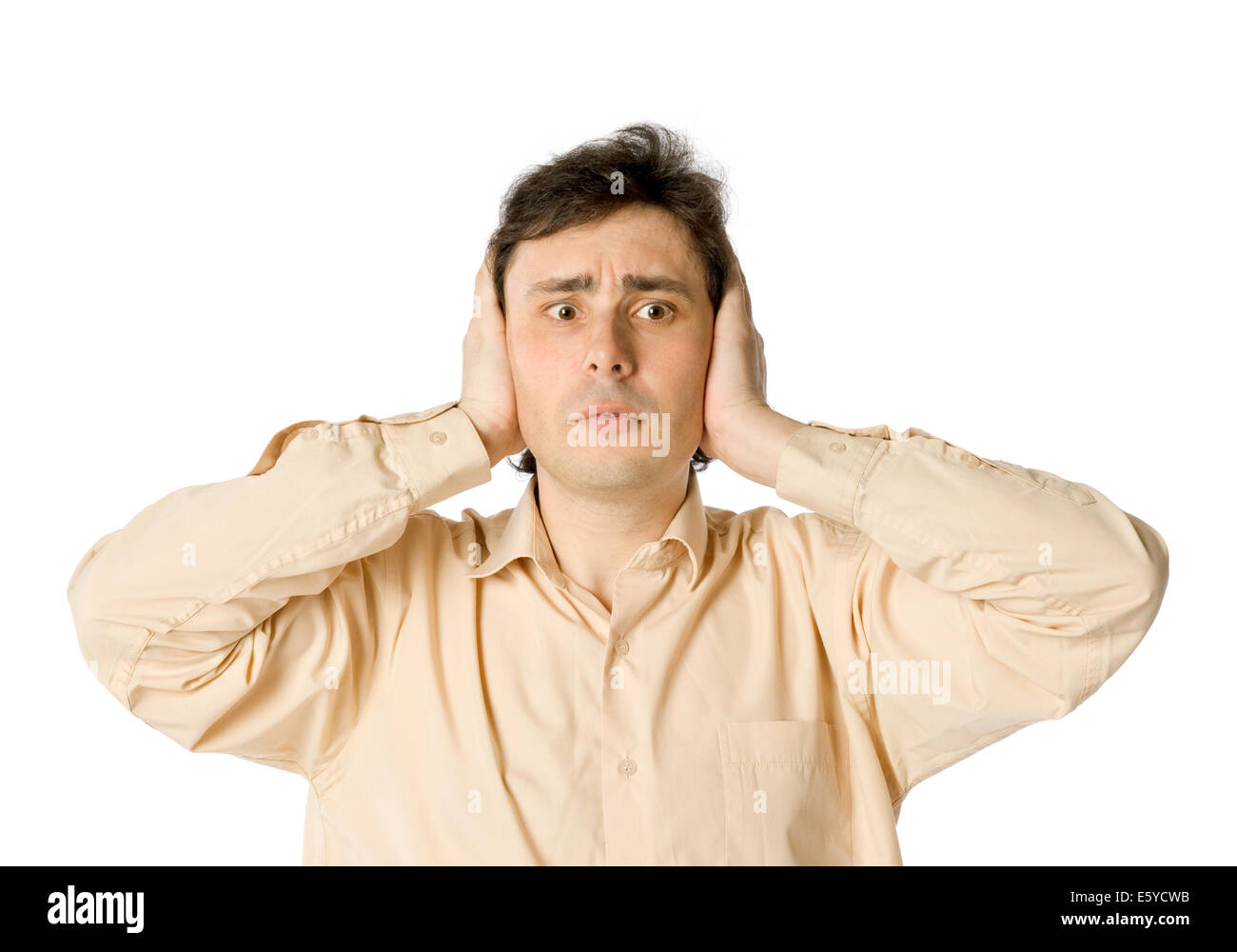 A man with frightened face, over white Stock Photo - Alamy