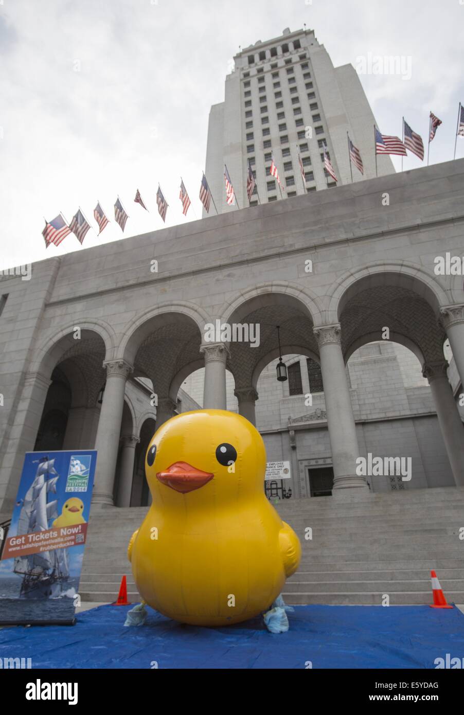Los Angeles, California, USA. 8th Aug, 2014. A 10-foot-tall rubber ducky ''baby duck'' squatting on the Spring Street steps of Los Angeles City Hall on Friday, Aug. 8, 2014, in Los Angeles. The bright yellow, inflatable ducky is wandering the city in search of its mother, a 60 feet high and dubbed by event organizers as the world's largest rubber ducky as part of a promotional stunt for the Tall Ships Festival taking place Aug. 20-24 at the Port of Los Angeles. Credit:  Ringo Chiu/ZUMA Wire/Alamy Live News Stock Photo