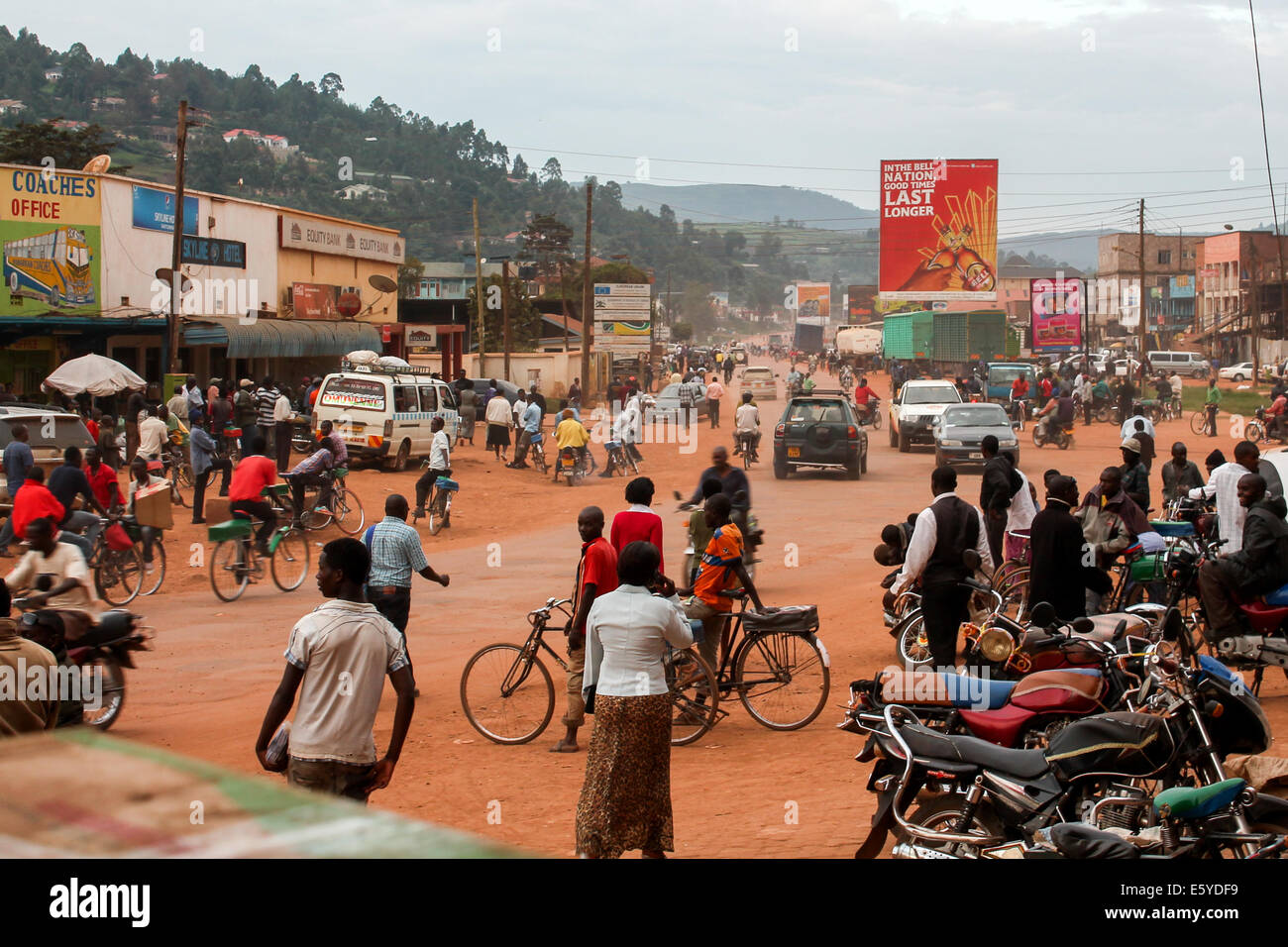 Dusk approaches in the town of Kabale as locals begin to return home after a day's work. Stock Photo