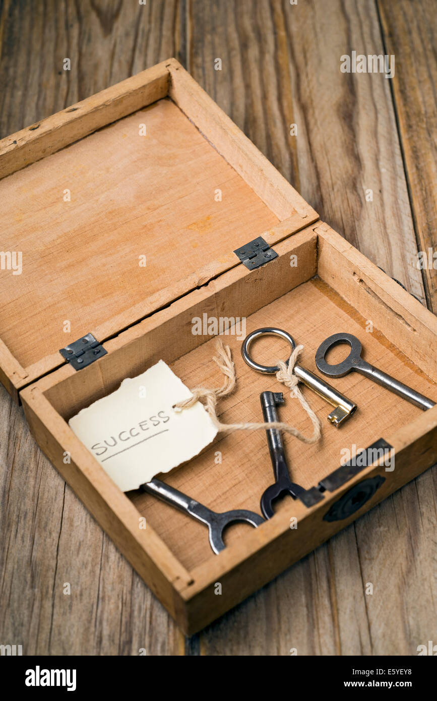 Wooden box containing the key to success Stock Photo