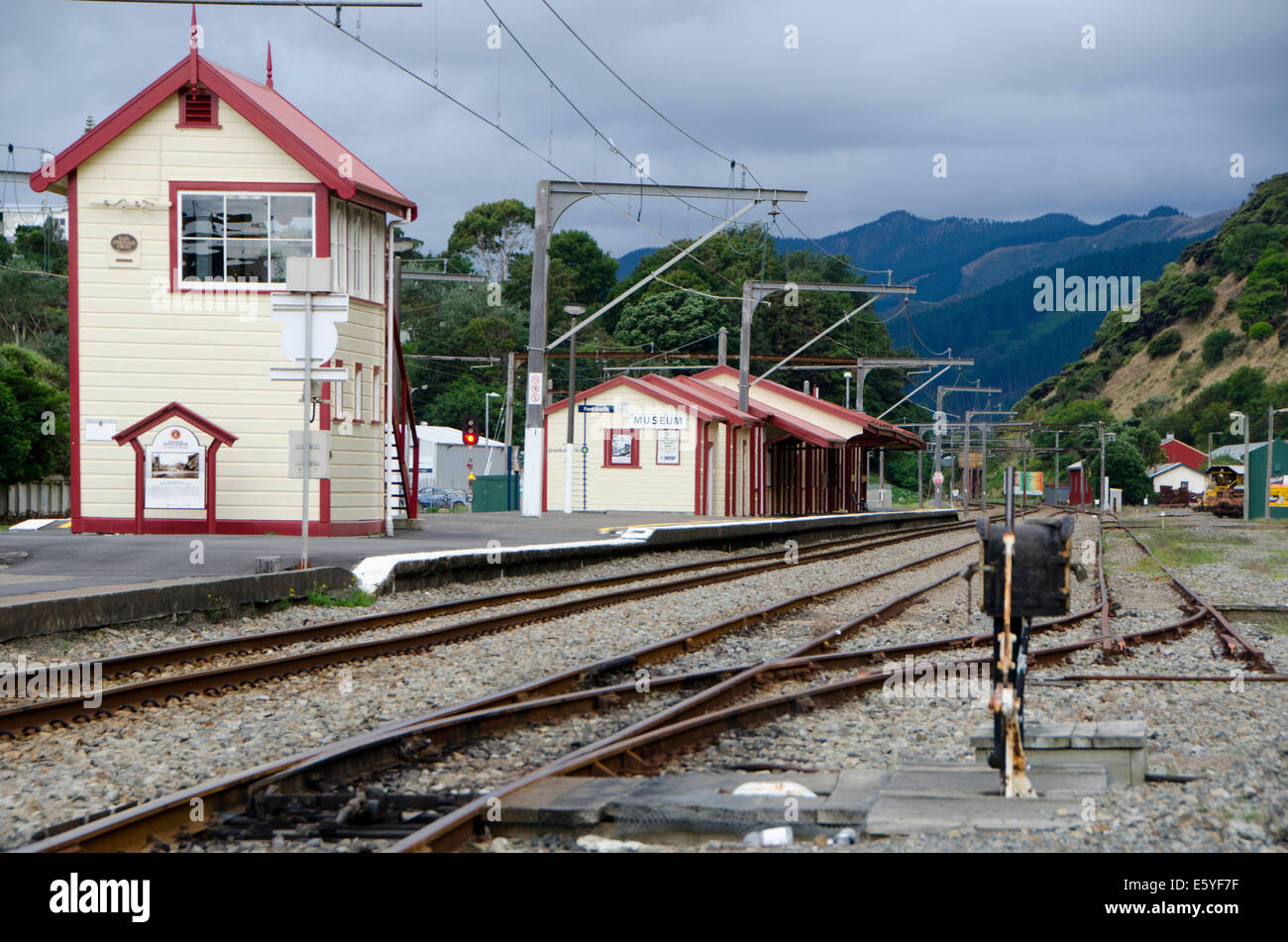 Railway station and signal box, Paekakariki, Kapiti, North Island, New Zealand Stock Photo