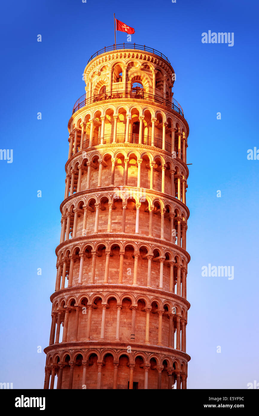 Leaning tower of Pisa on blue sky background, Europe, Italy, ancient medieval architecture, famous European landmark Stock Photo