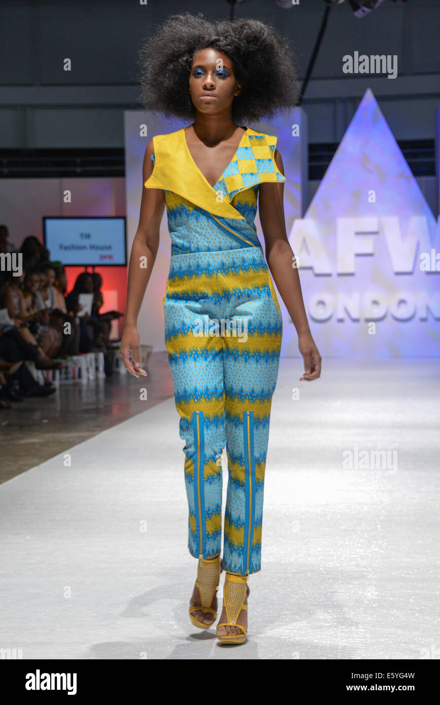 London, UK. 8th August, 2014. Model wearing TIR Fashion House latest collection showcases at AFWL 2014 at London Olympia in London Credit: © See Li/Alamy Live News  Stock Photo