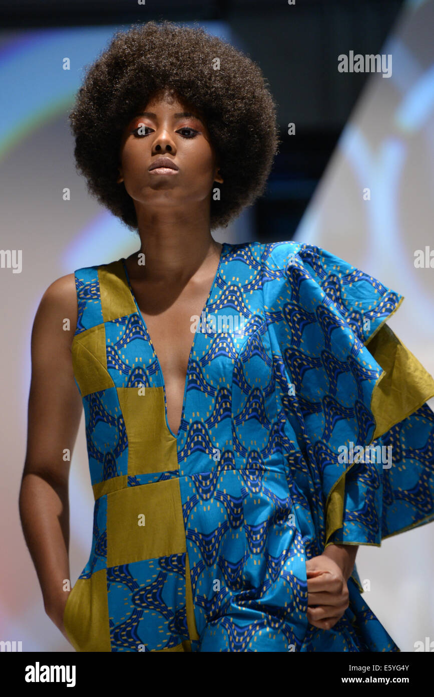 London, UK. 8th August, 2014. Model wearing TIR Fashion House latest collection showcases at AFWL 2014 at London Olympia in London Credit: © See Li/Alamy Live News  Stock Photo