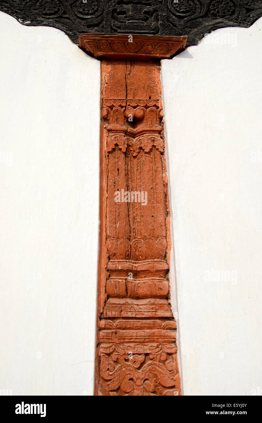 historical carved wood decoration on wall in Kathmandu, Nepal capital Stock Photo