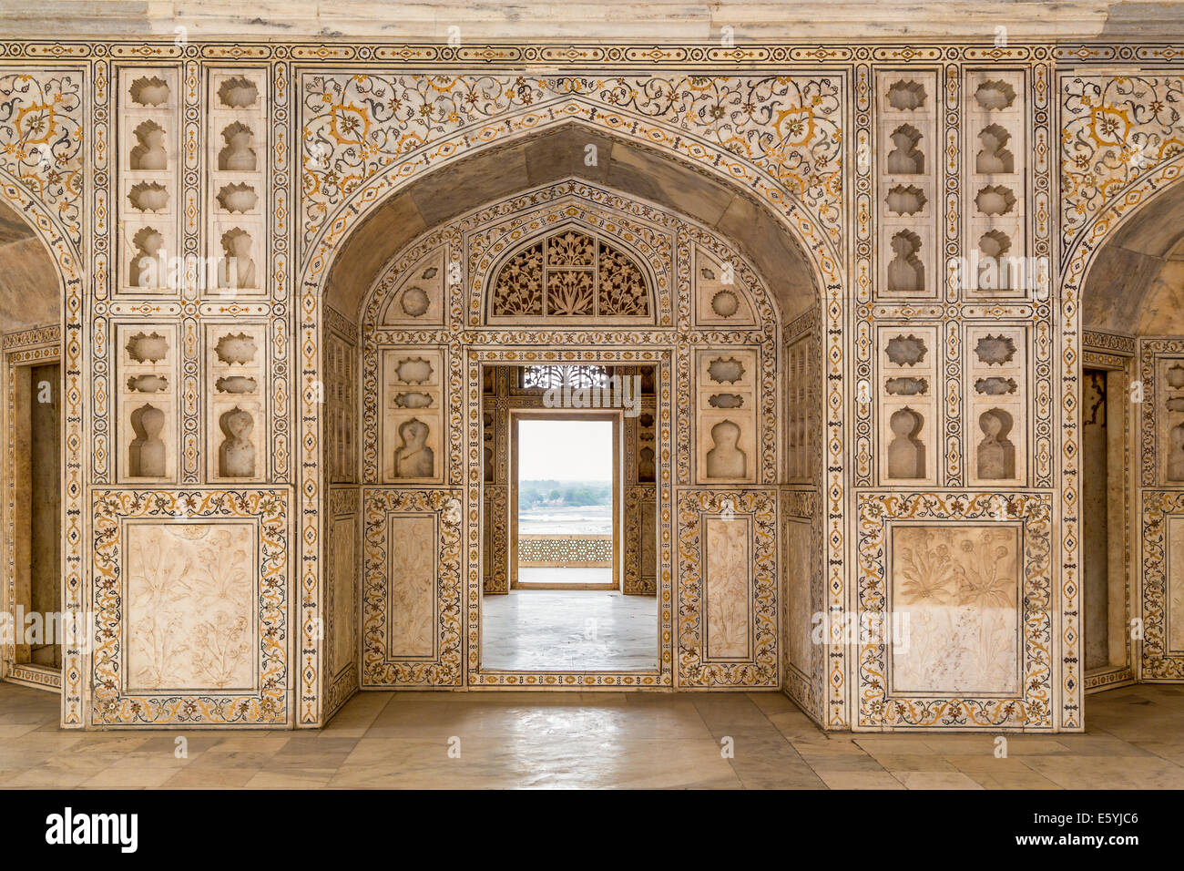 Decorated Marble Wall Frames Gate And Door At Agra Fort Palace In