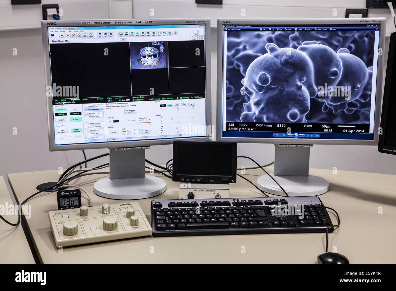 A dual computer monitor display showing the software controlling a JEOL scanning electron microscope and the image it is seeing. Stock Photo