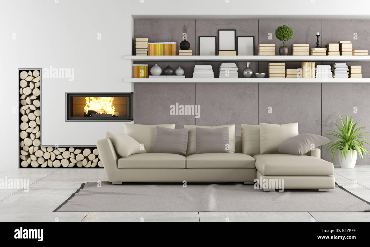Modern living room with fireplace,sofa and shelves with books and objects - rendering Stock Photo