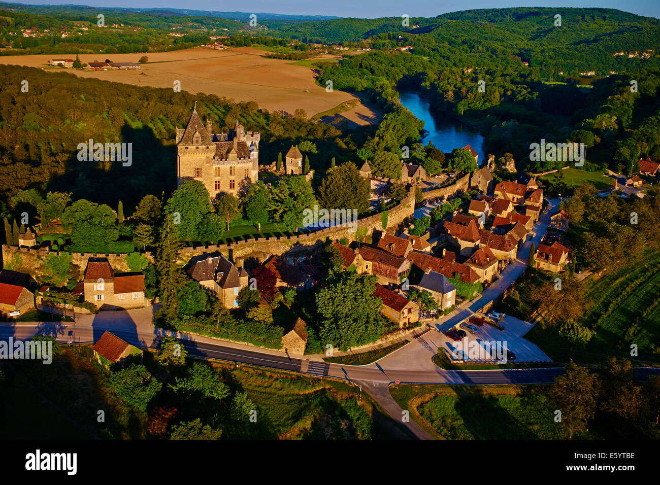 France, Aquitaine, Dordogne, Dordogne Valley, Perigord Black, Vitrac, Chateau de Montfort, Aerial view Stock Photo