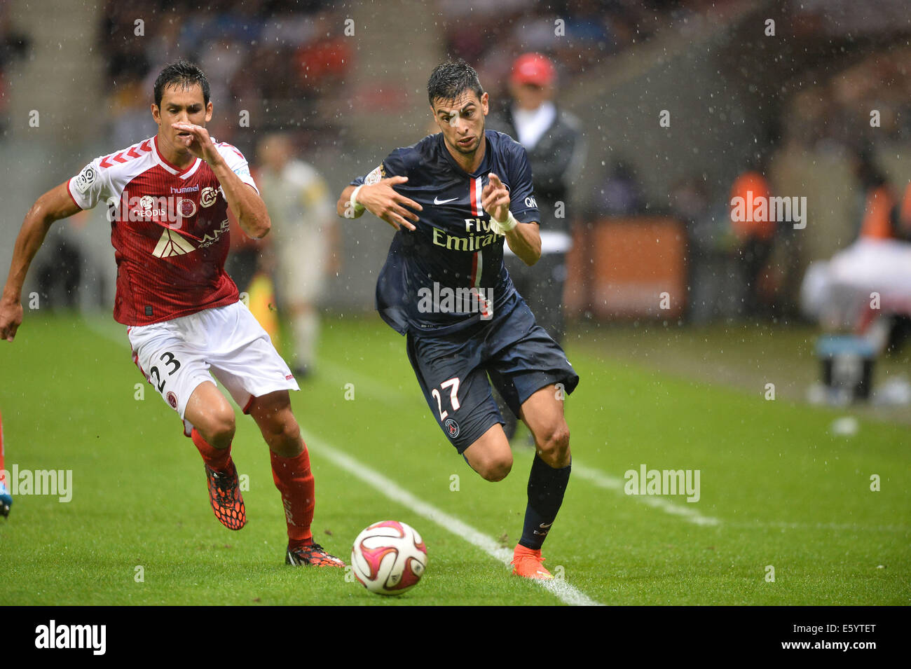 Reims, France. 08th Aug, 2014. French League 1 football. Reims versus Paris St Germain. AISSA MANDI and JAVIER PASTORE . The season opener ended in a 2-2 draw. Credit:  Action Plus Sports/Alamy Live News Stock Photo