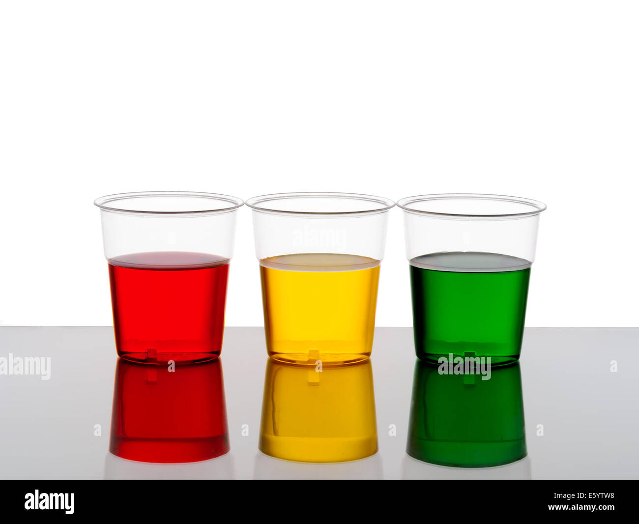Bright traffic light coloured drinks. Drink drive warning maybe. Stock Photo