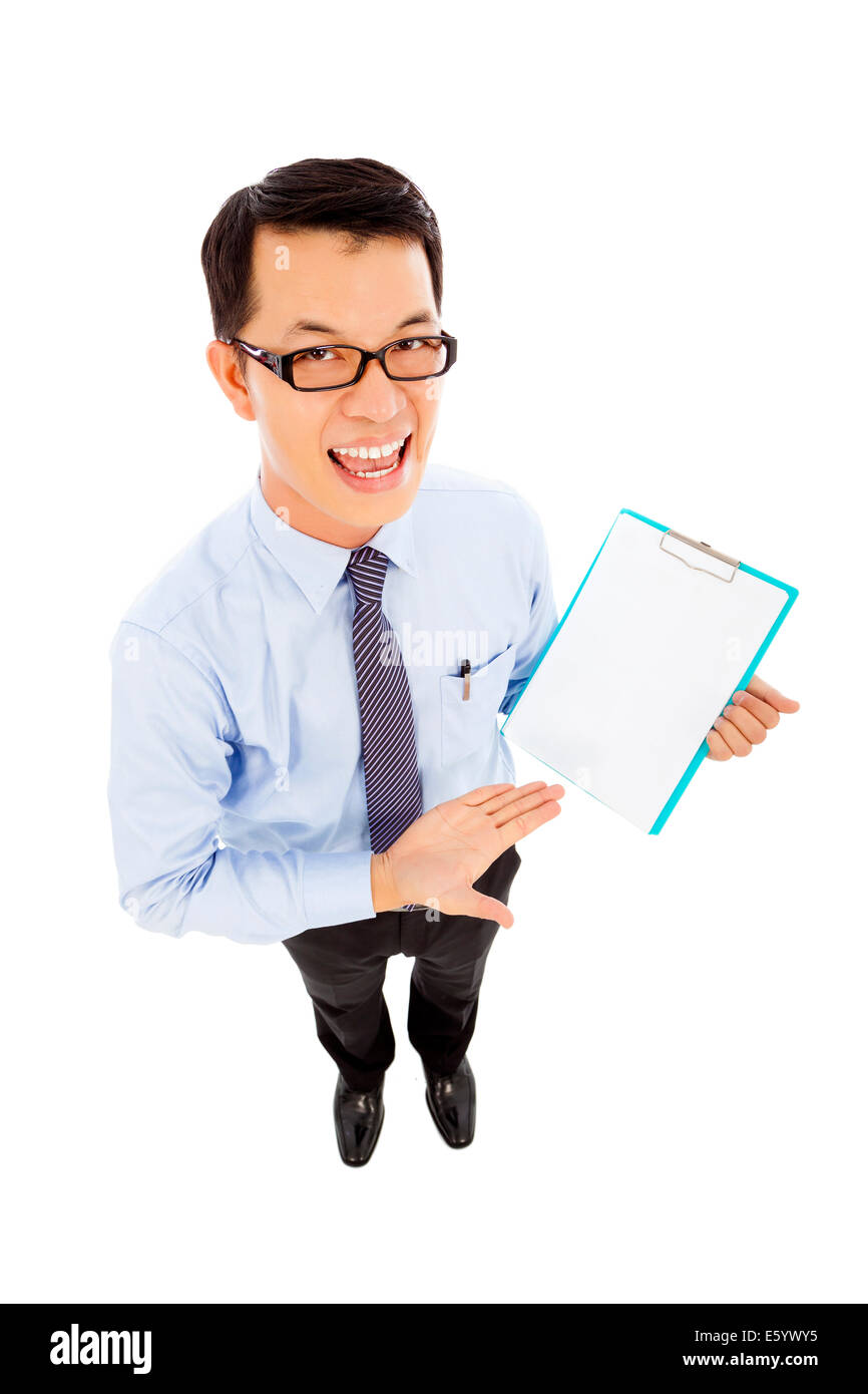 smiling businessman hold a record document Stock Photo