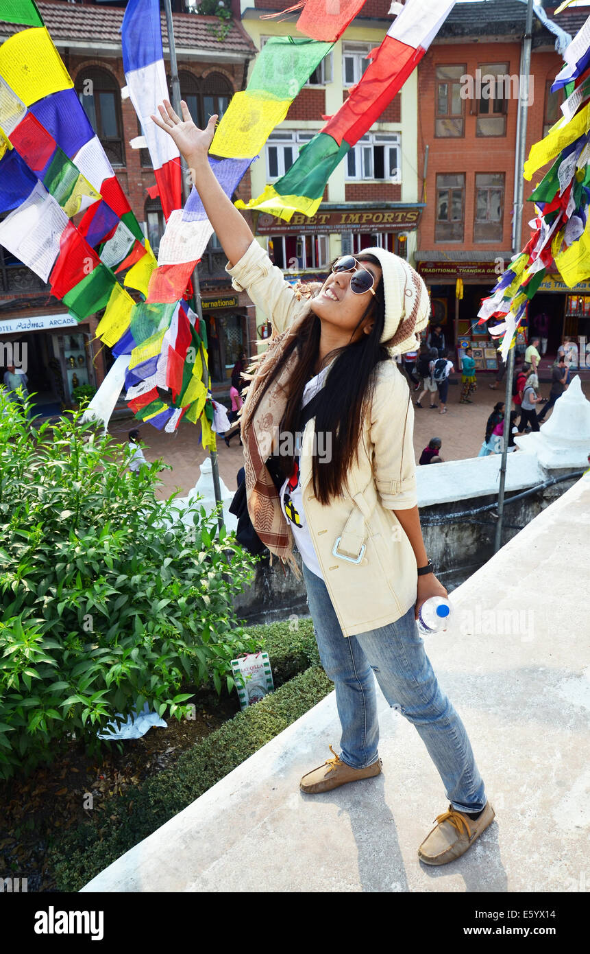Traveler Thai Women in Boudhanath or Bodnath Stupa with Buddha eyes or ...