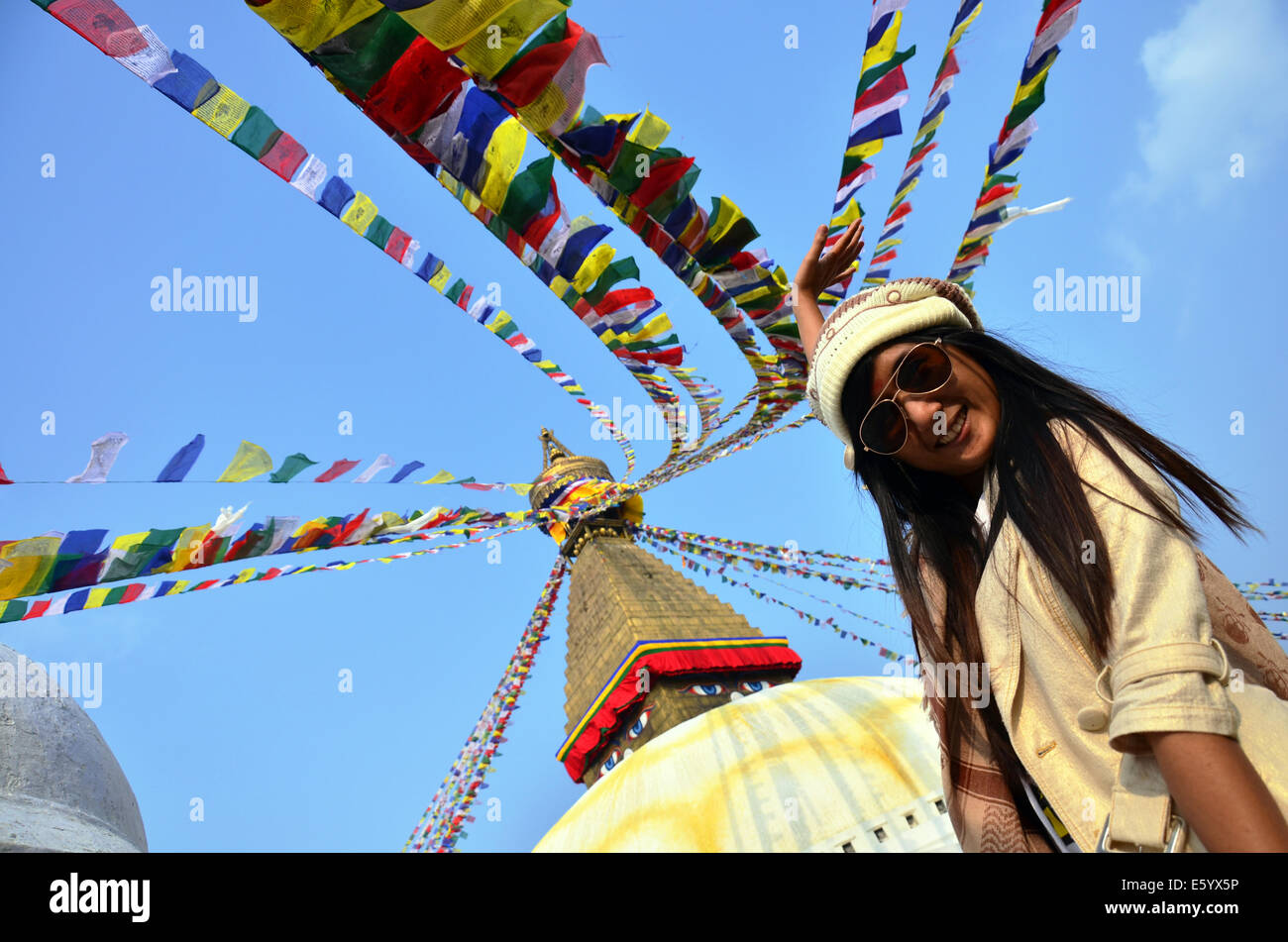 Traveler Thai Women in Boudhanath or Bodnath Stupa with Buddha eyes or ...