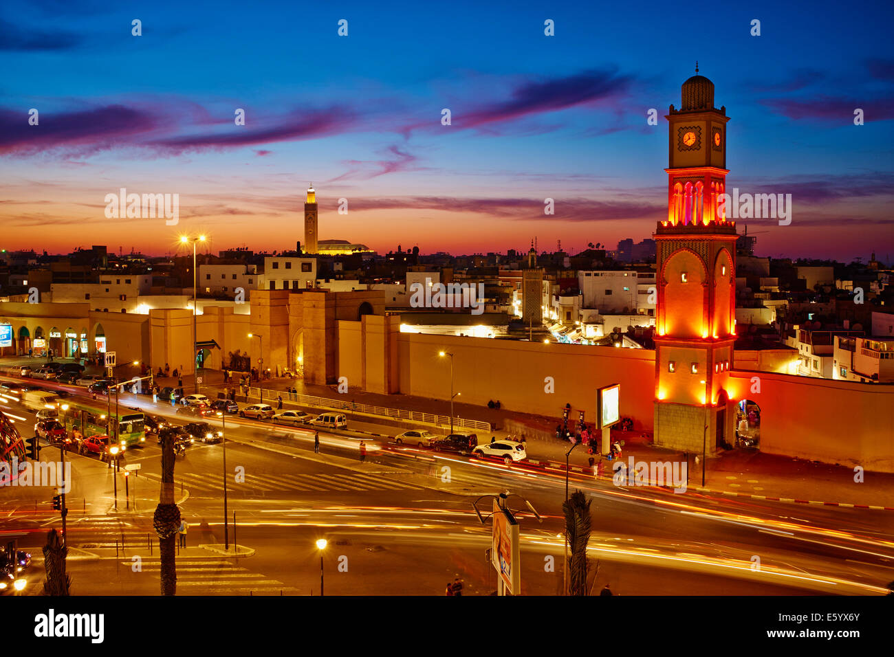 Morocco, Casablanca, Old Medina, clock Tower and Hassan II mosque Stock Photo