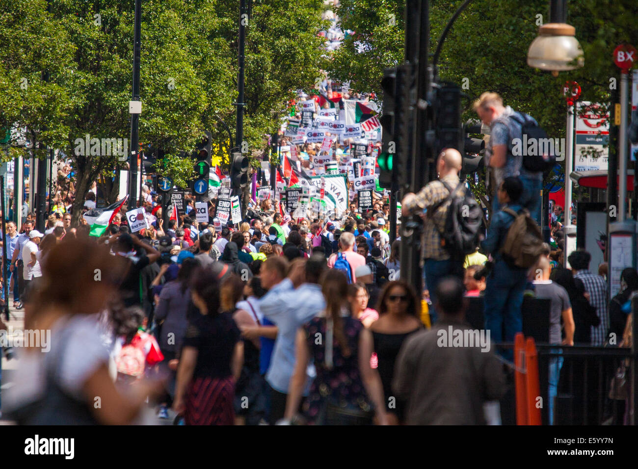 London, UK. 9th August, 2014.  Tens of thousands of Palestinians and their supporters march along London's Oxford Street towards the US embassy and Hyde Park. Credit:  Paul Davey/Alamy Live News Stock Photo