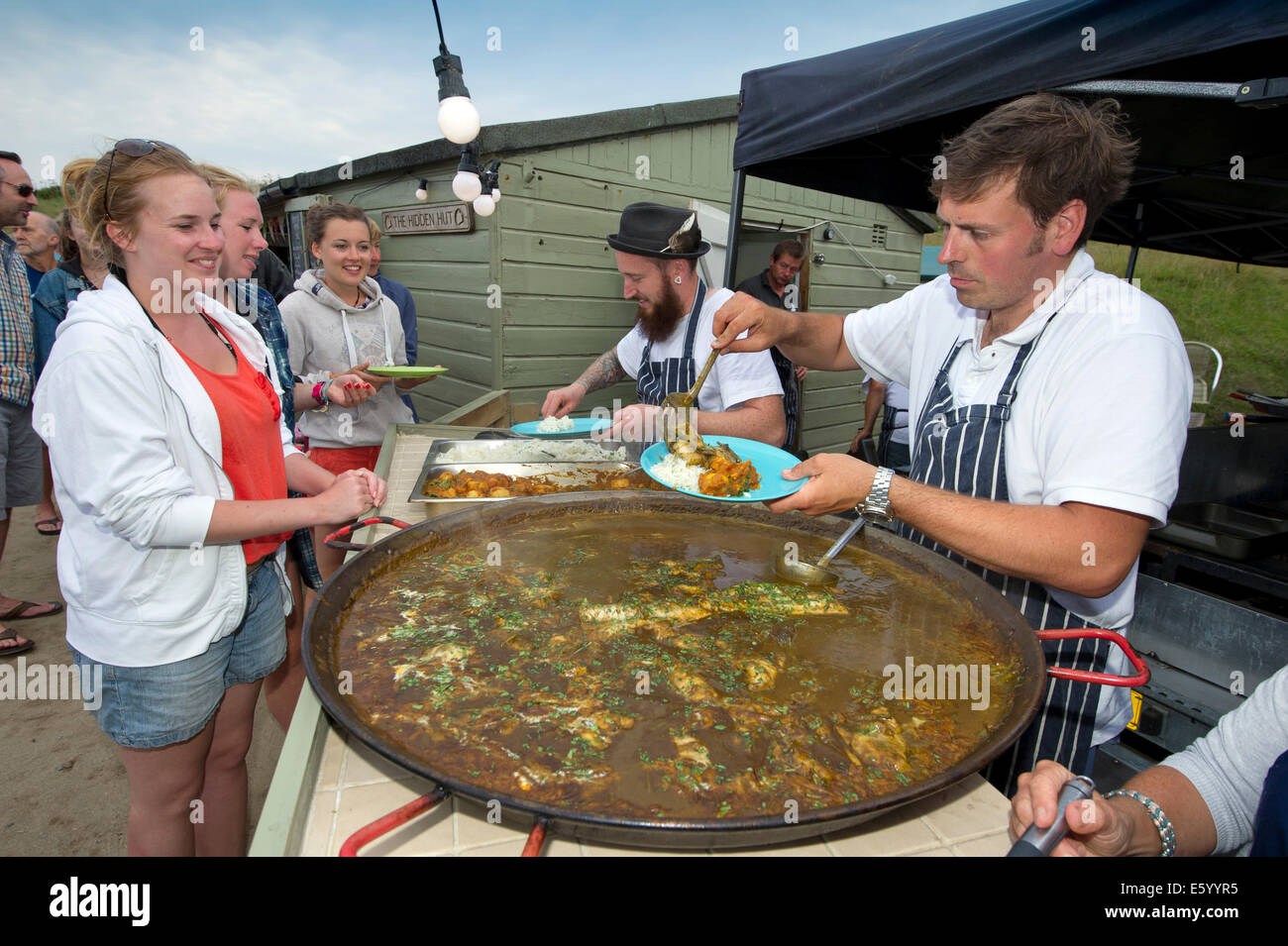 Hidden Hut,Portcurnick Beach,Cornwall, UK,a beachside cafe and restaurant,which hosts'feast nights',here it's curry night.a UK Stock Photo