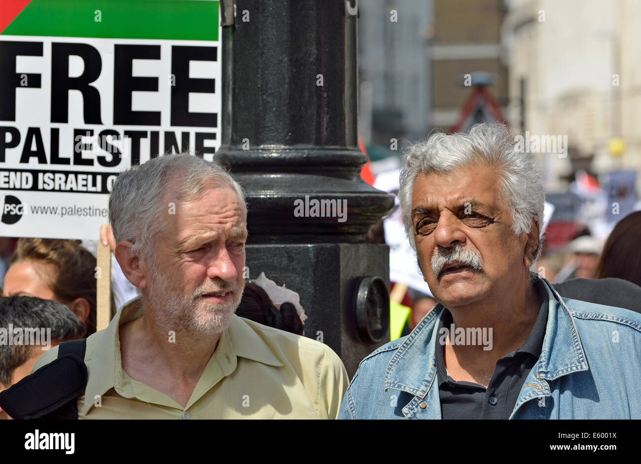 London, UK. 9th August, 2014. Tens of thousands march from BBC Broadcasting House to Hyde Park, via the American Embassy, to protest against Israel's continued action in Gaza. Jeremy Corbyn MP and Tariq Ali Credit:  PjrNews/Alamy Live News Stock Photo