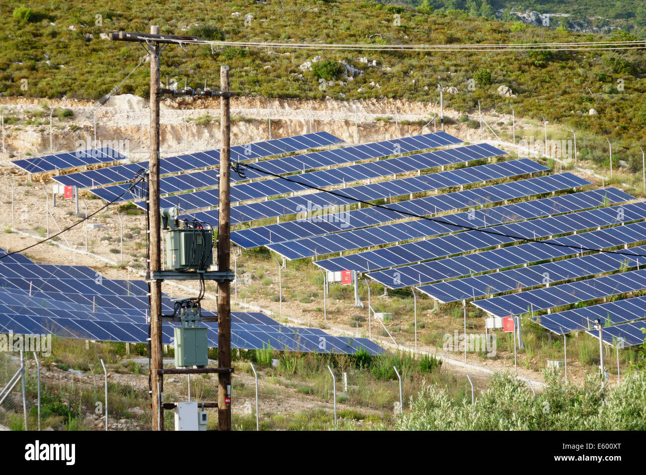 Zante, Greece - solar energy photovoltaic panel 'farm' in central Zante, in the middle of olive groves. Stock Photo