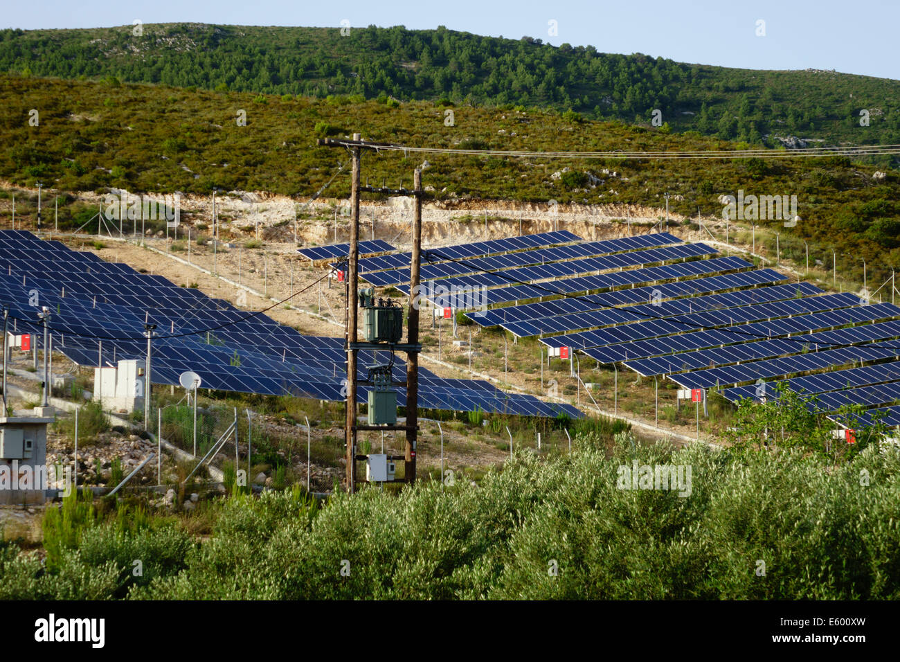 Zante, Greece - solar energy photovoltaic panel 'farm' in central Zante, in the middle of olive groves. Stock Photo