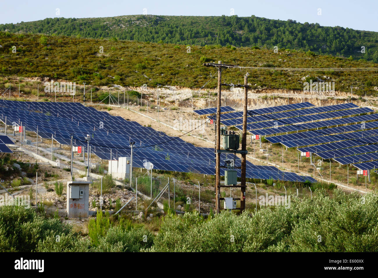 Zante, Greece - solar energy photovoltaic panel 'farm' in central Zante, in the middle of olive groves. Stock Photo