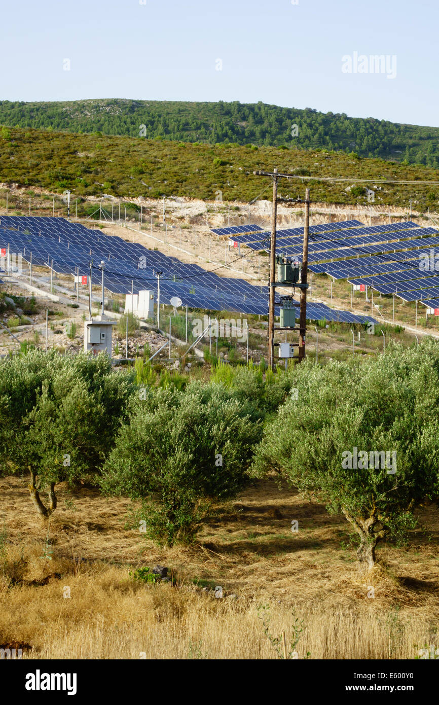 Zante, Greece - solar energy photovoltaic panel 'farm' in central Zante, in the middle of olive groves. Stock Photo