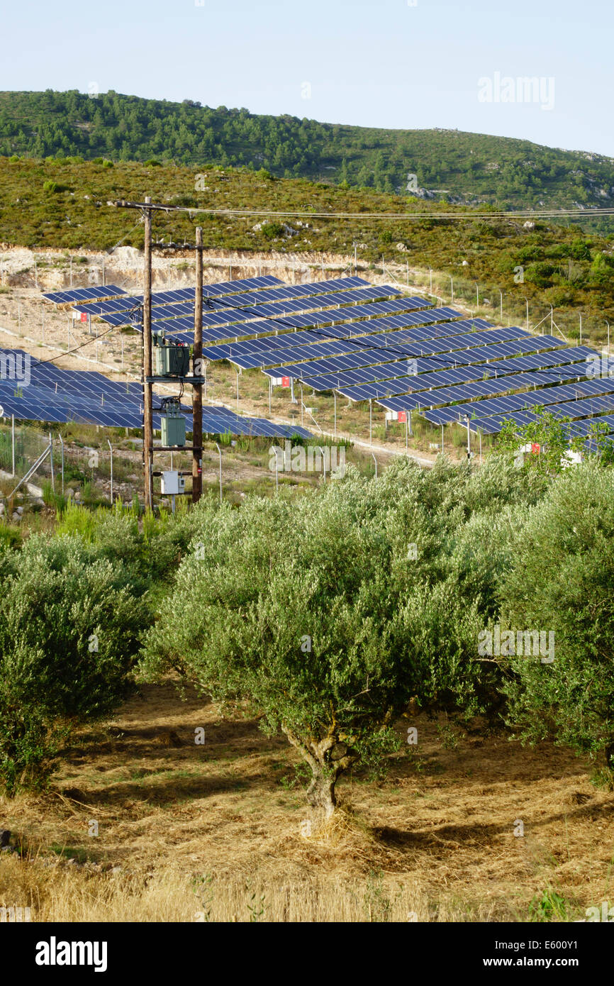 Zante, Greece - solar energy photovoltaic panel 'farm' in central Zante, in the middle of olive groves. Stock Photo