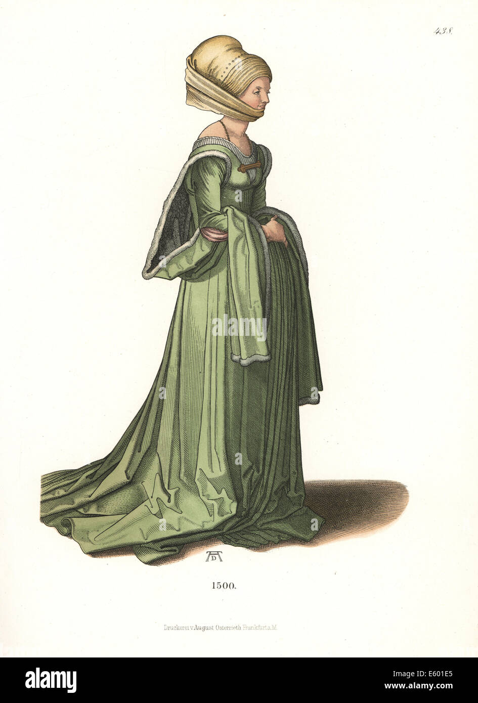 Woman of Nuremburg in elaborate headdress and dress, 1500. Stock Photo