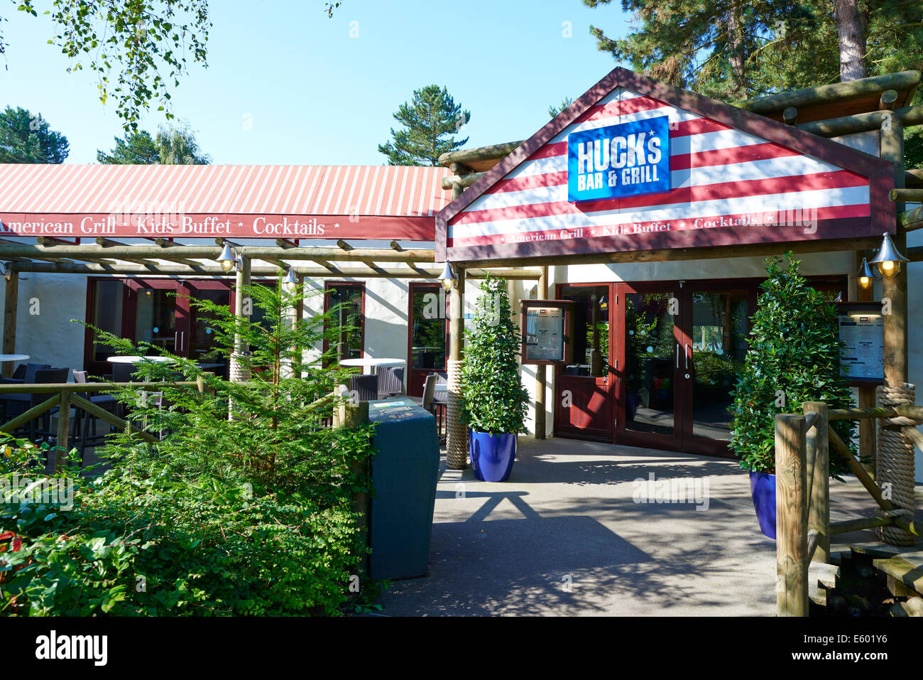 Entrance To Huck's American Bar And Grill Center Parcs Sherwood Forest UK Stock Photo